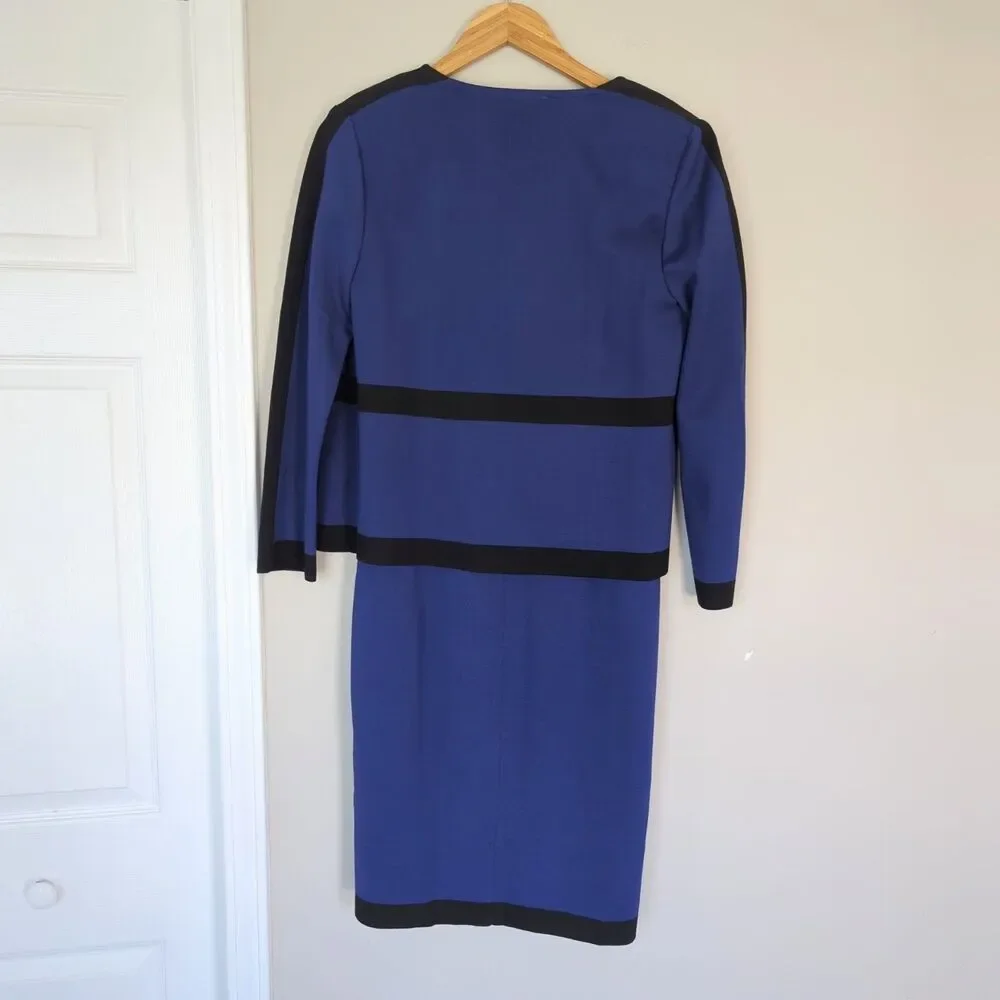 St. John Blue Black Colorblock Jacket Milano Knit Dress Set Size 6/12 Career